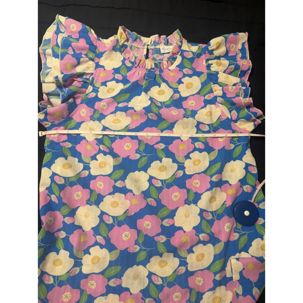 Shop the Mint Blue Pink Floral Ruffle Flutter Sleeve High Neck‎ Blouse Medium - Picture 4 of 5